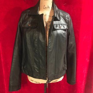 New Faux Leather Bomber Jacket Black White  Detachable Collar  XL